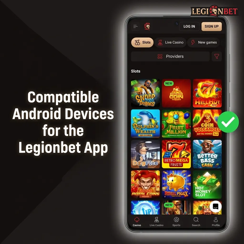 Compatible Android devices for the Legionbet app including Samsung, Google Pixel, OnePlus, Xiaomi, and Sony models