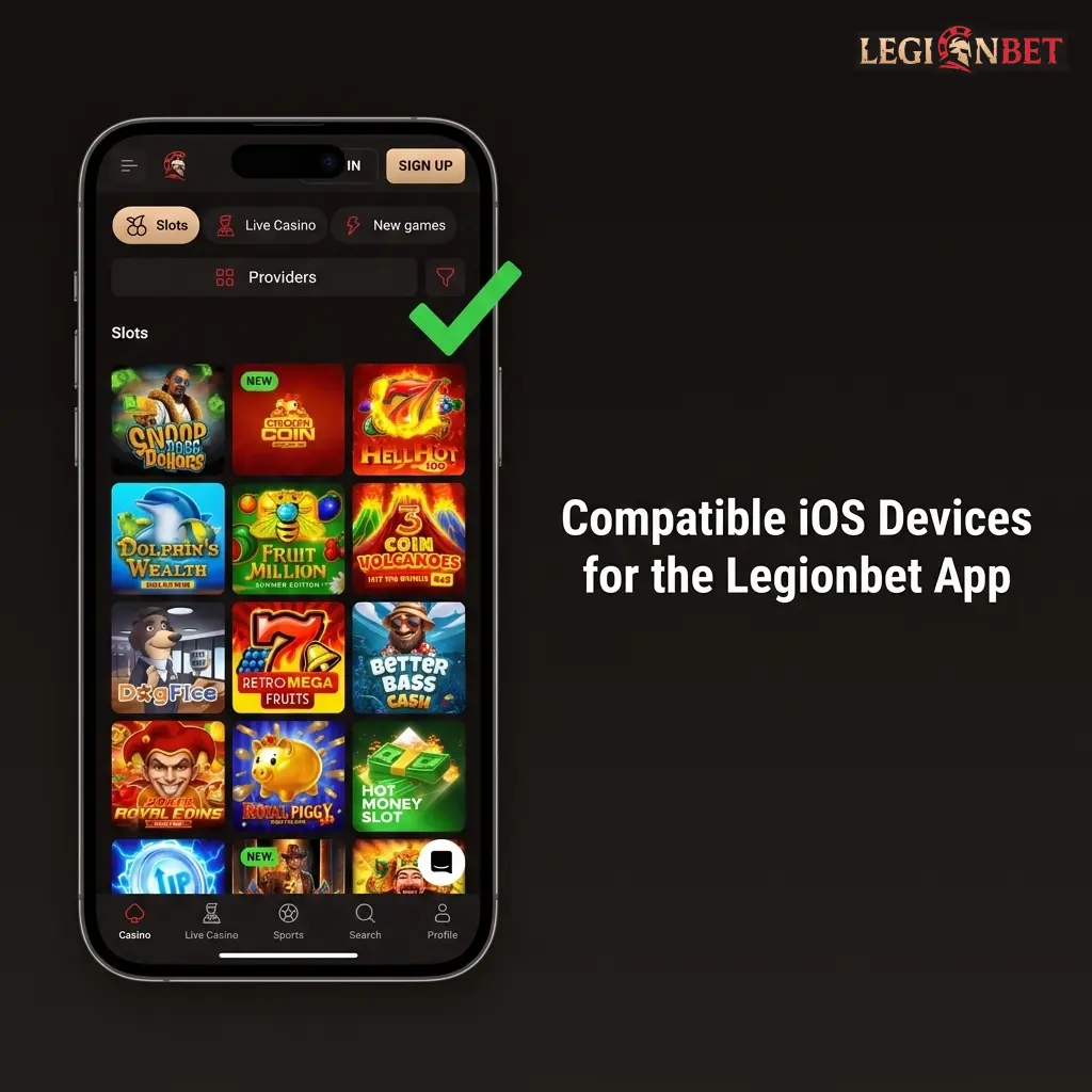 List of compatible iOS devices for the Legionbet app, including iPhone X through 15 series and select iPad models