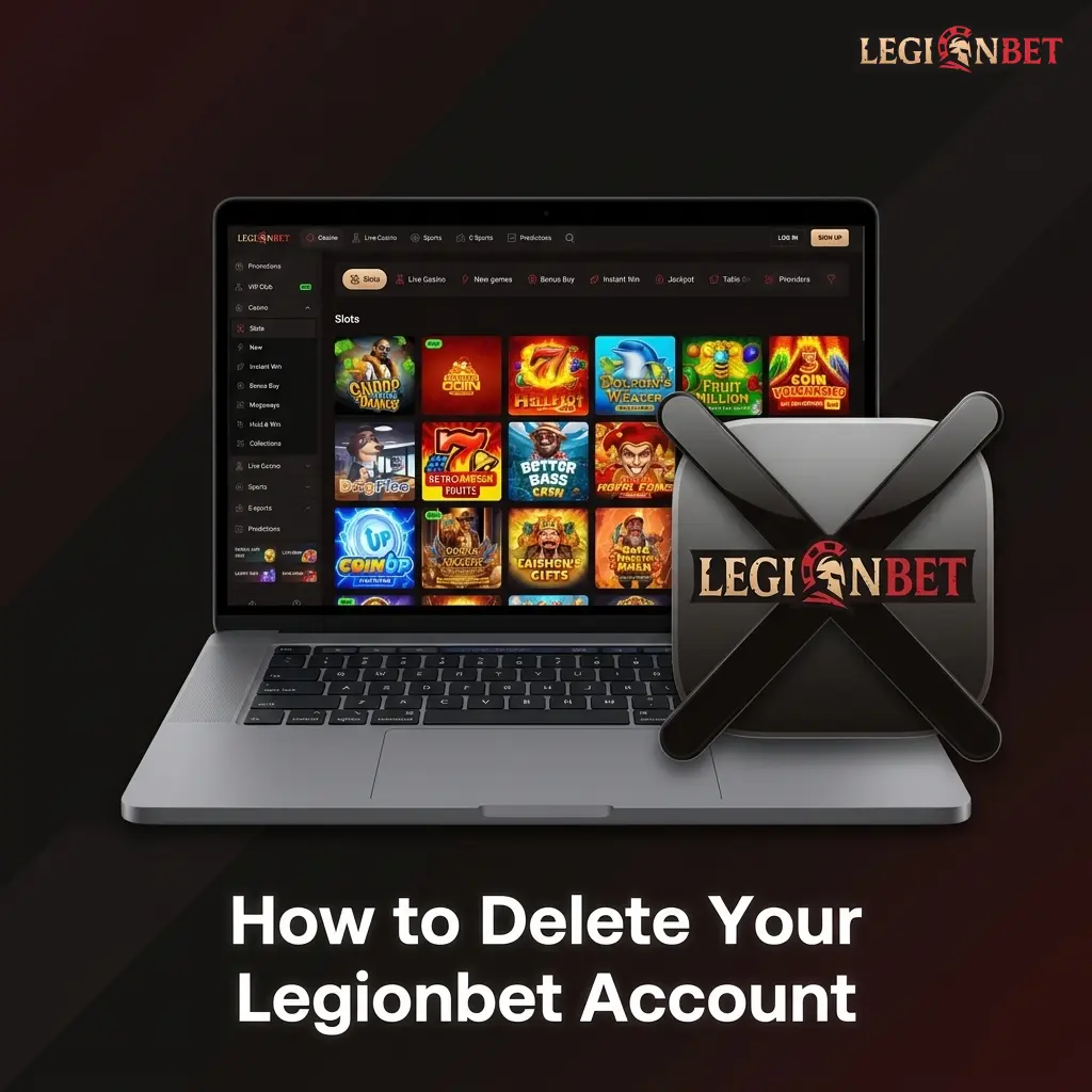 Step-by-step guide showing how to delete a Legionbet account including settings navigation and closure confirmation