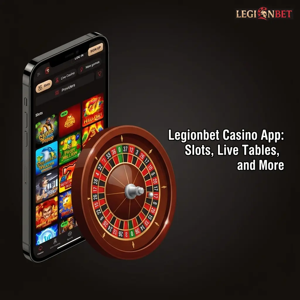 Legionbet casino app showing slots, live dealer tables, and promotions on iOS and Android devices