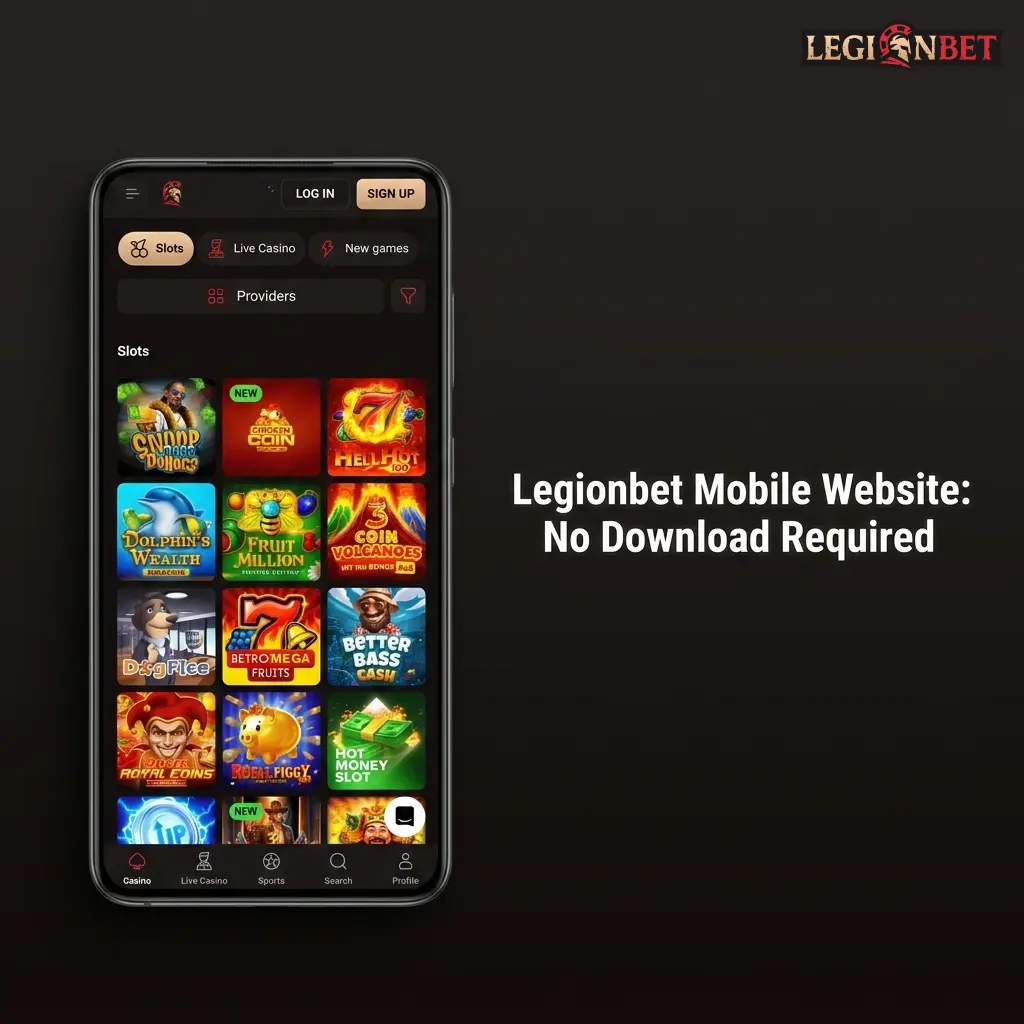 Legionbet mobile website on smartphone browser showing sportsbook and casino games, no download required