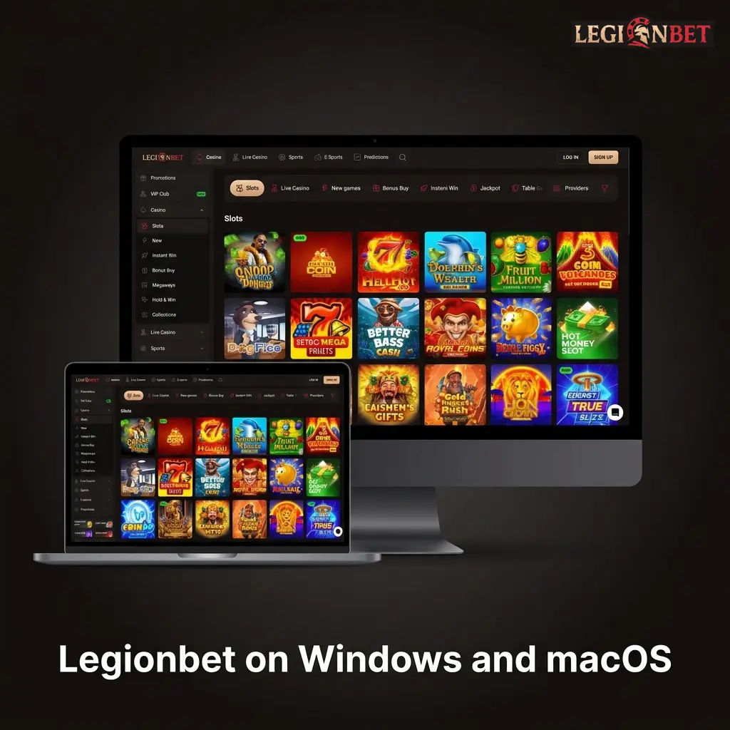 Legionbet website open on a desktop browser, compatible with Windows and macOS via Chrome, Firefox, Safari, and Edge