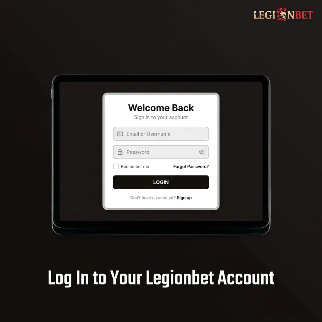 Legionbet login screen showing email and password fields with Sign In button to access account dashboard