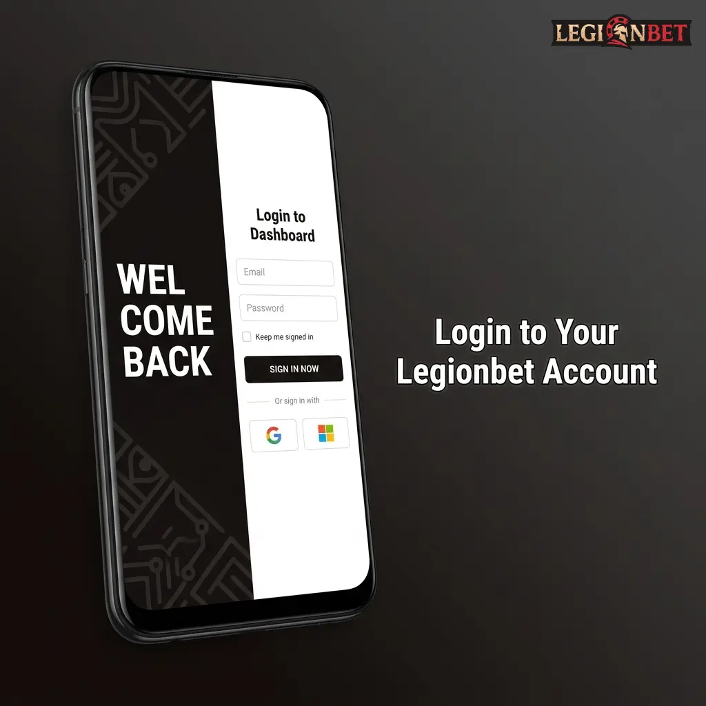 Legionbet login page showing email and password fields with step-by-step account access instructions