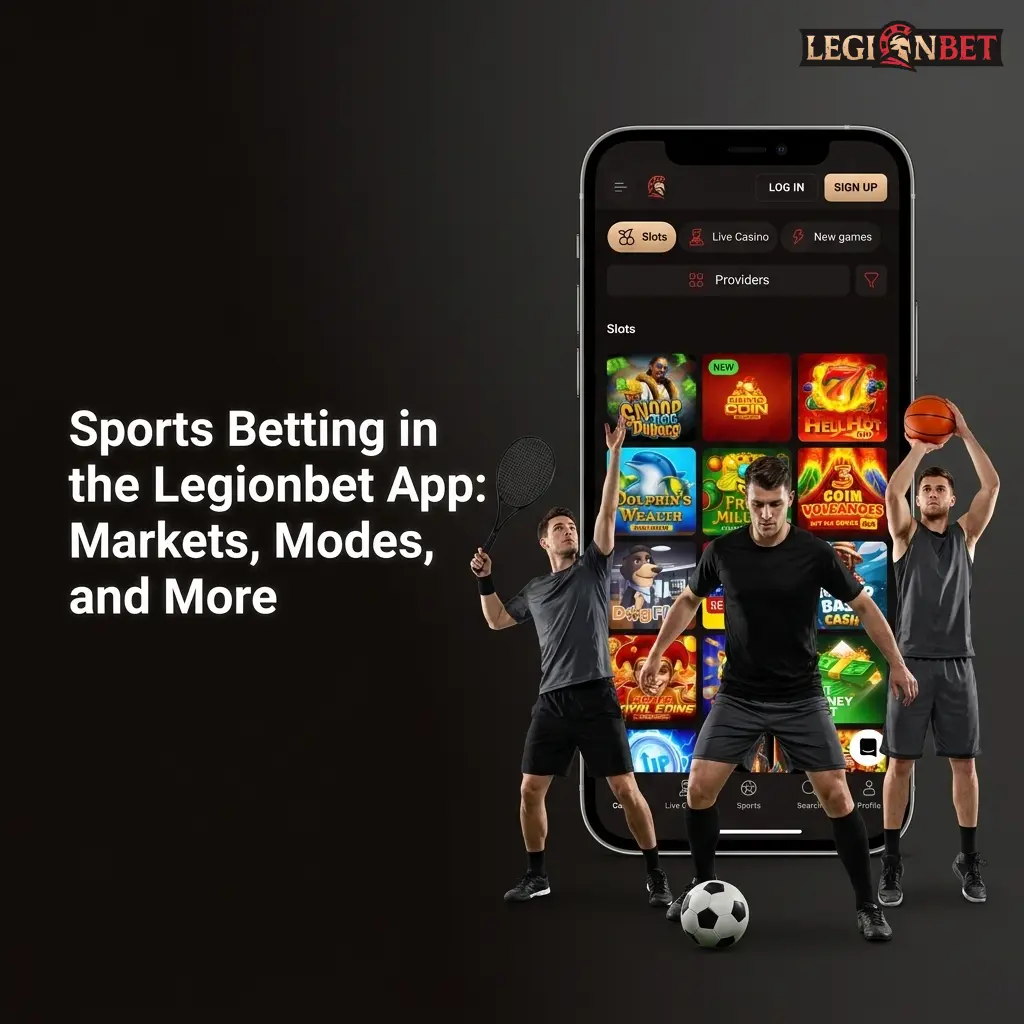 Legionbet app sports betting interface showing football, basketball, tennis and eSports markets with live and pre-match options
