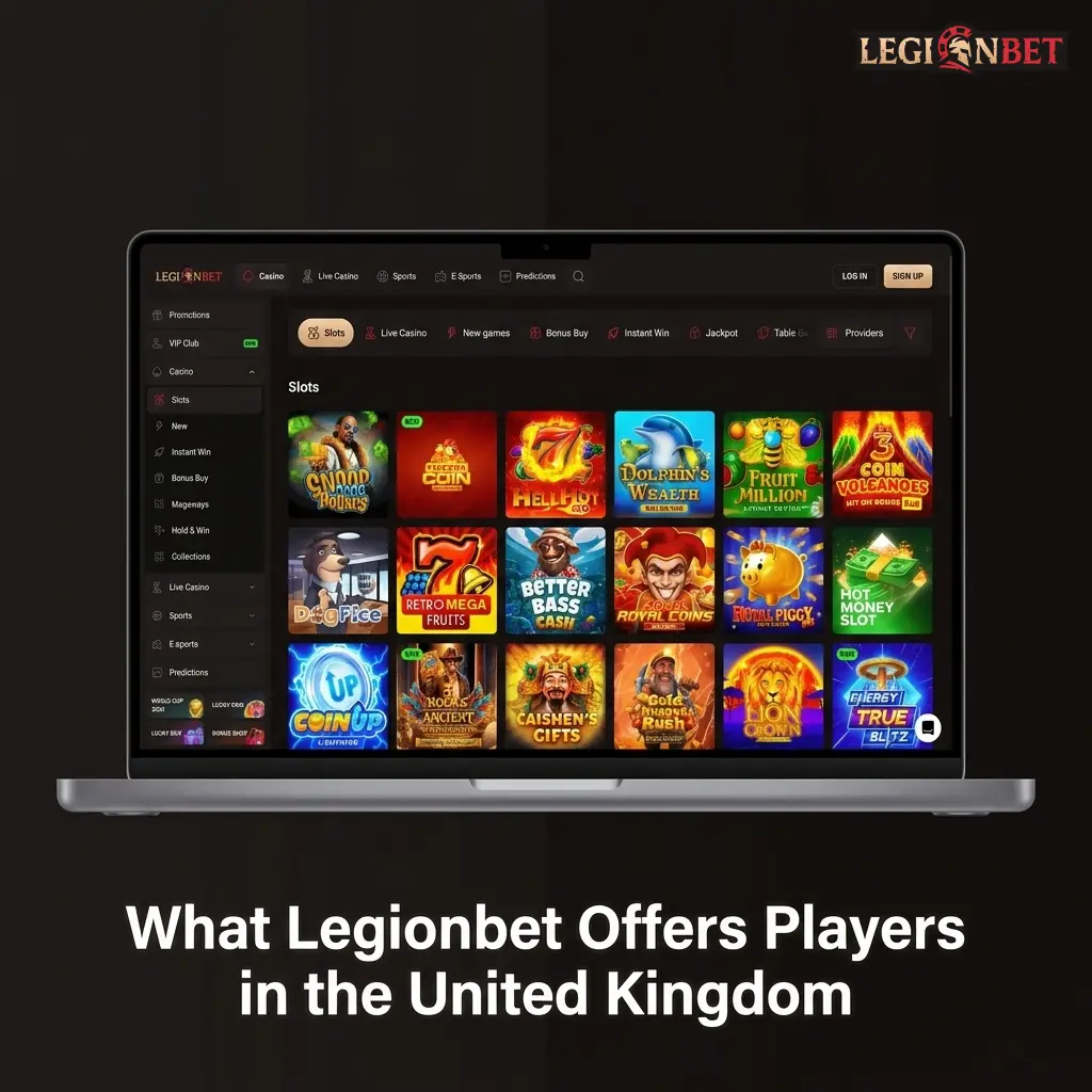 Legionbet UK platform showing sports betting markets, casino games, mobile apps, and account security features